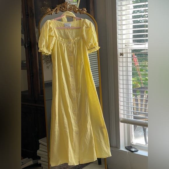 NWOT Sleeper Women's Yellow Linen Button Front Self-Tie Brigitte Dress Size S - Picture 1 of 11